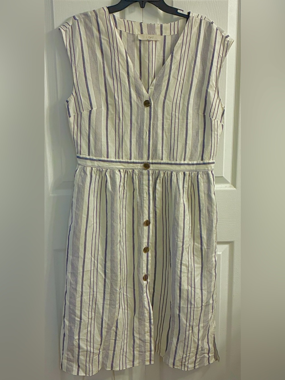 Summer sleeveless blue and white striped waist dress. Buttons neck-hem. Size 12